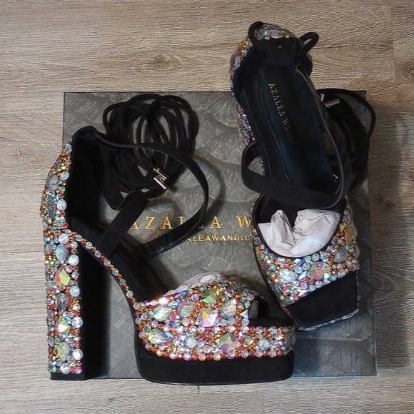 NIB Azalea Wang Brit Square Toe Strappy Platform Heel - Picture 14 of 16